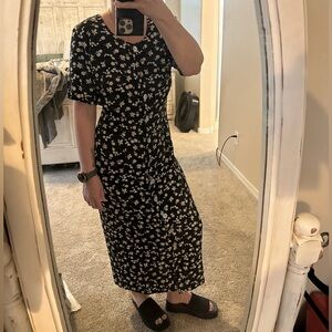 Vintage Floral Black Button up Midi Dress
